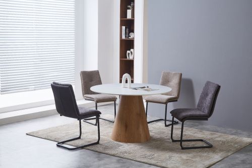 Lilian Round Dining Table - Walnut & White Sintered Stone